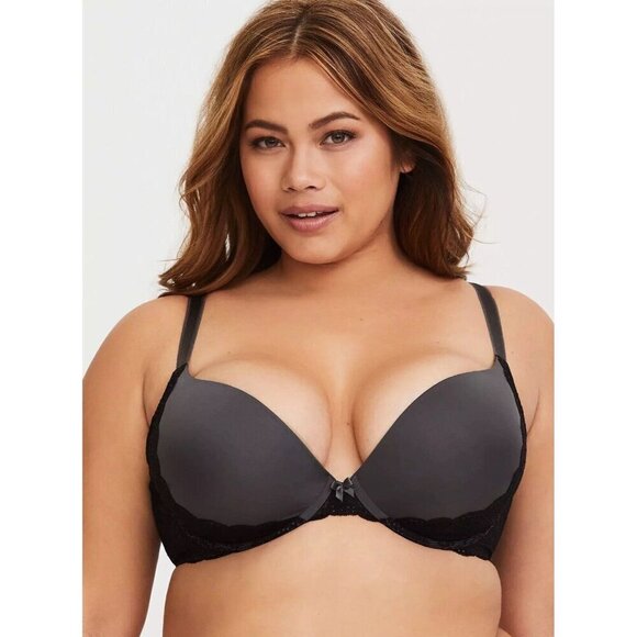 Torrid 38DD Bra Gray Black Lace XO Plunge Push Up Underwire Multiway Straps - Picture 1 of 8